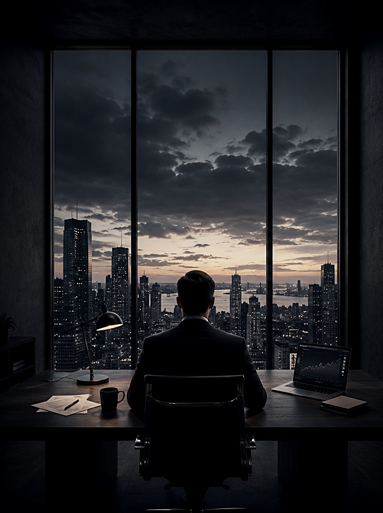 A single decision-maker at a clear desk at dusk, one screen, one line of thought.