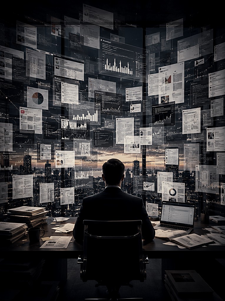 The same desk buried under dozens of AI-generated charts, briefs, and dashboards.